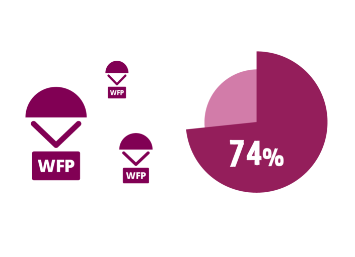 Three WFP parachute icons and a pie chart showing 74% in dark purple, indicating a major share of emergency food assistance.