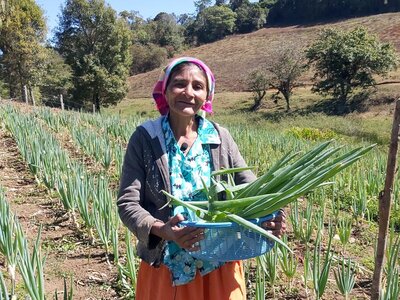La señora Estanislao Paz en su huerto lleva vegetales frescos.