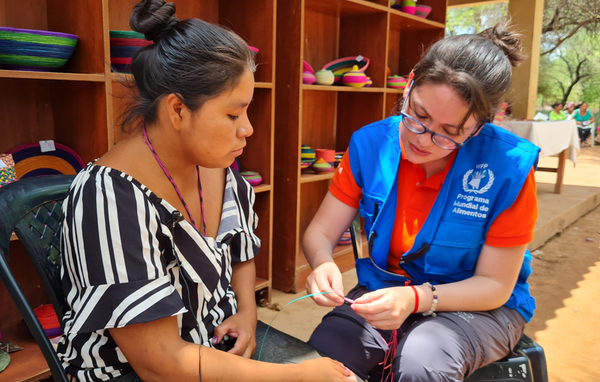 Elizabeth Ávila enseña a la oficial de género del WFP, Daniela Navia, cómo tejer una artesanía.