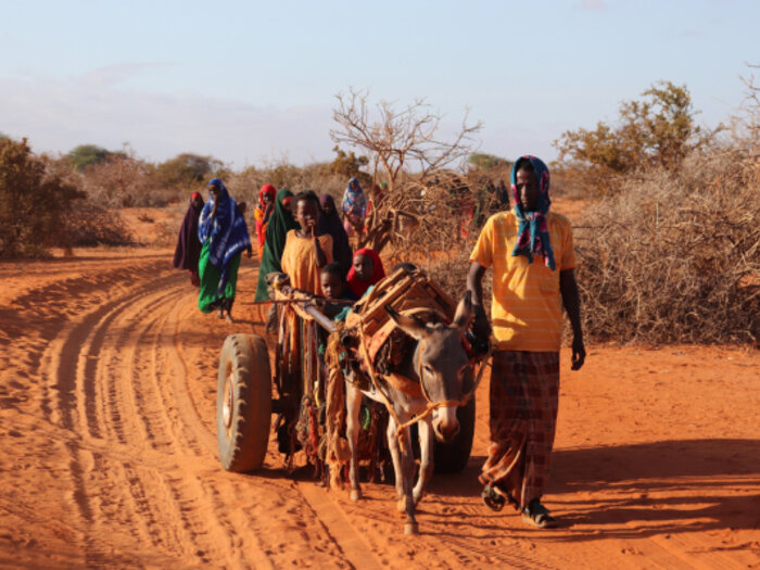 Personas desplazadas internas llegan al campo de Kaharey, Dolow, Somalia.