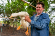 Marcelo Granda sostiene un pato en su finca en Ecuador