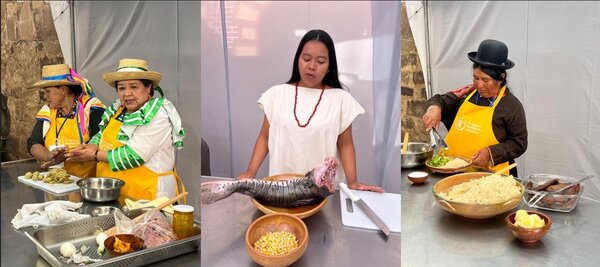 Primera foto (izq): Loida Ortiz and Aurelia Martínez cocinan pututu de albóndigas preparadas con charque (carne deshidratada). Centro: Mery Hurtado prepara cheruje (pescado) con plátano verde. Derecha: Marina Morales Cruz cocina quinua con charque. Foto: WFP/Tayra Pinzón