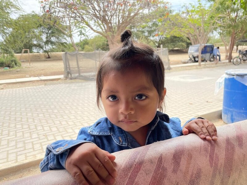 Foto de un niño peruano de un año y seis meses que mira directamente a la cámara con ojos vivaces. A su espalda se puede ver un parque. 