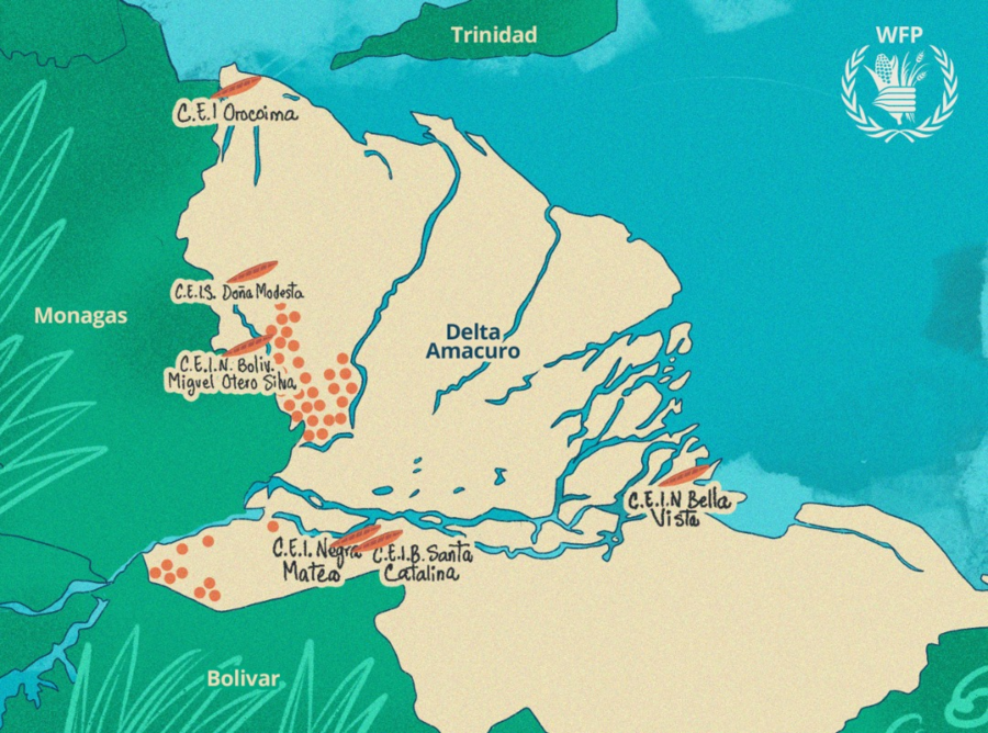 Mapa geográfico del estado Delta Amacuro, Venezuela, que muestra en donde están las escuelas a las que llega el Programa Mundial de Alimentos.