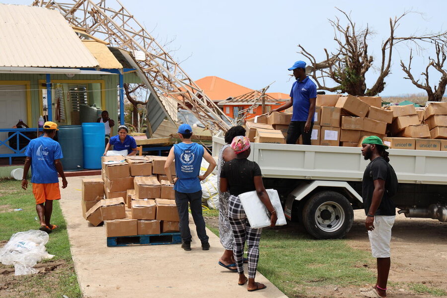 A relief operation amid hurricane damage on Union Island in Saint Vincent and the Grenadines