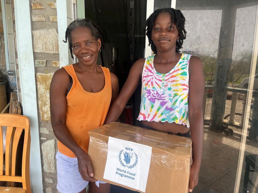 Two women in Granada with a box of WFP assistance