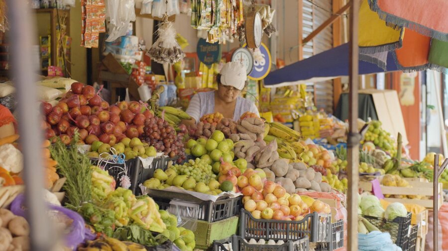 Un puesto de frutas y vegetales en el mercado de Cobija. Foto: WFP / Gustavo Vera