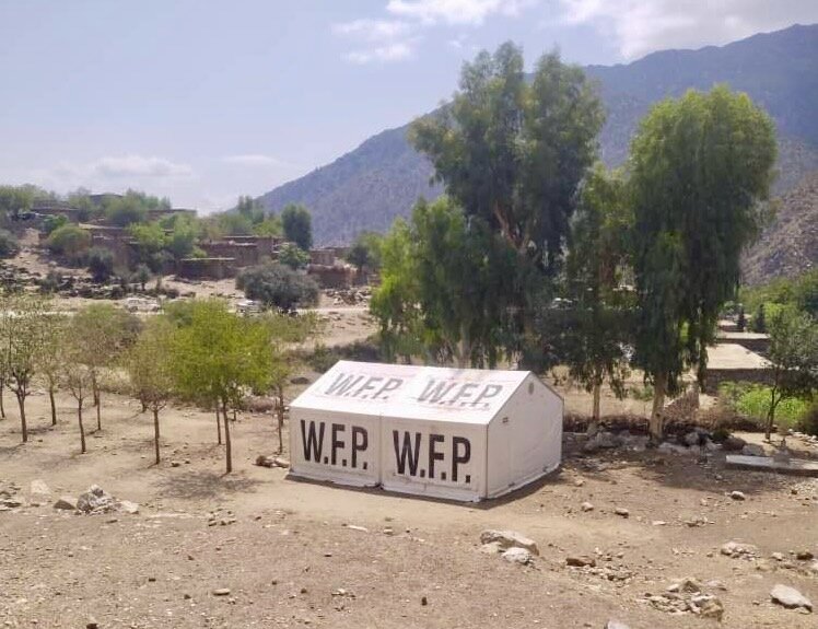 A white mobile storage unit with a WFP logo erected in a rural area, with trees and backdropped by a mountain. Photo: WFP