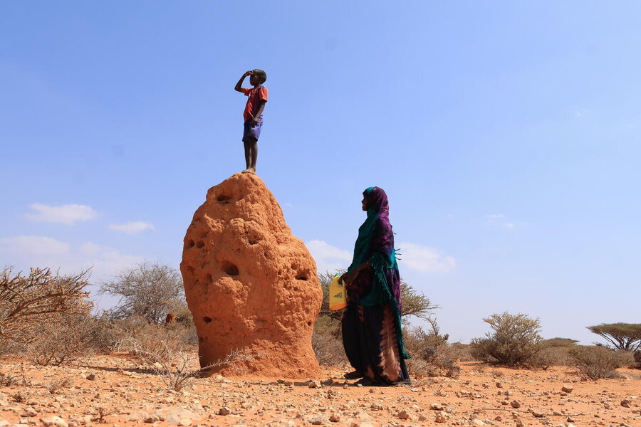 A little boy stands on an anthill, with his mother below, backdropped by a desiccated landscape with thorn trees. Photo: WFP/CRC/Mohamed Ali
